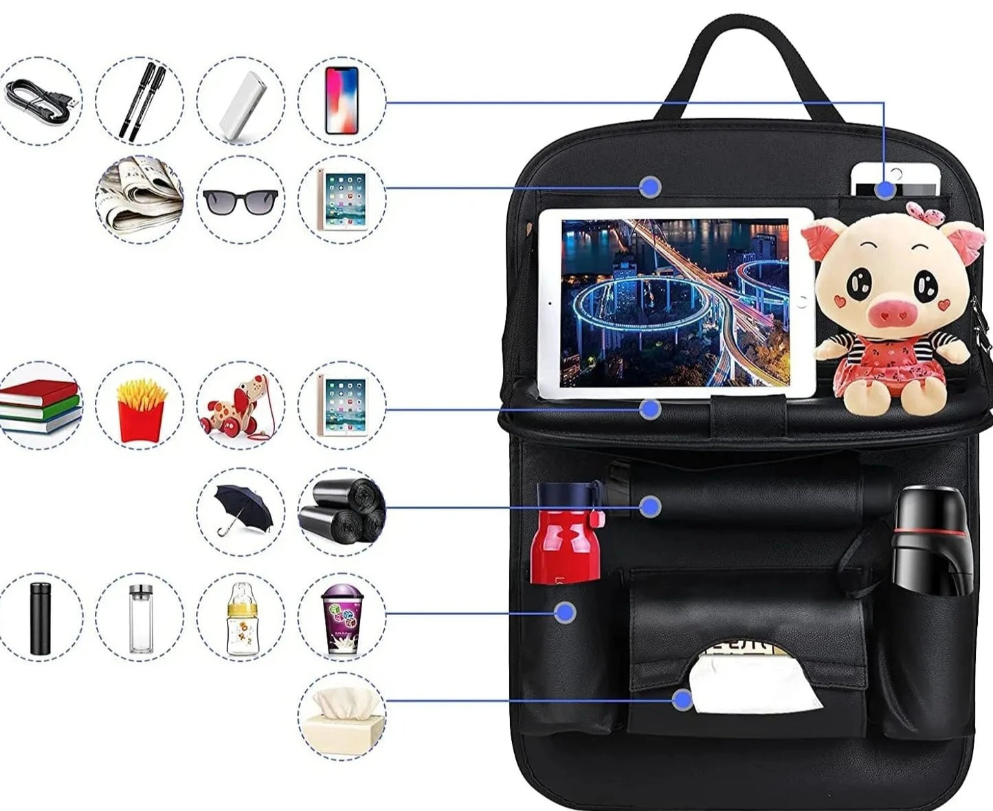 Organisateur de siège de voiture avec plateau pliable en cuir